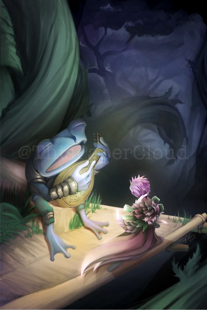 A Sylvari listening to a Hylek play the lute during the night cycle of Verdant Brink, a scene from the Guild Wars 2 Heart of Thorns expansion.