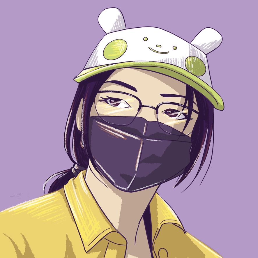 Self portrait wearing a white and green cap with bear ears and a dark purple surgical mask.