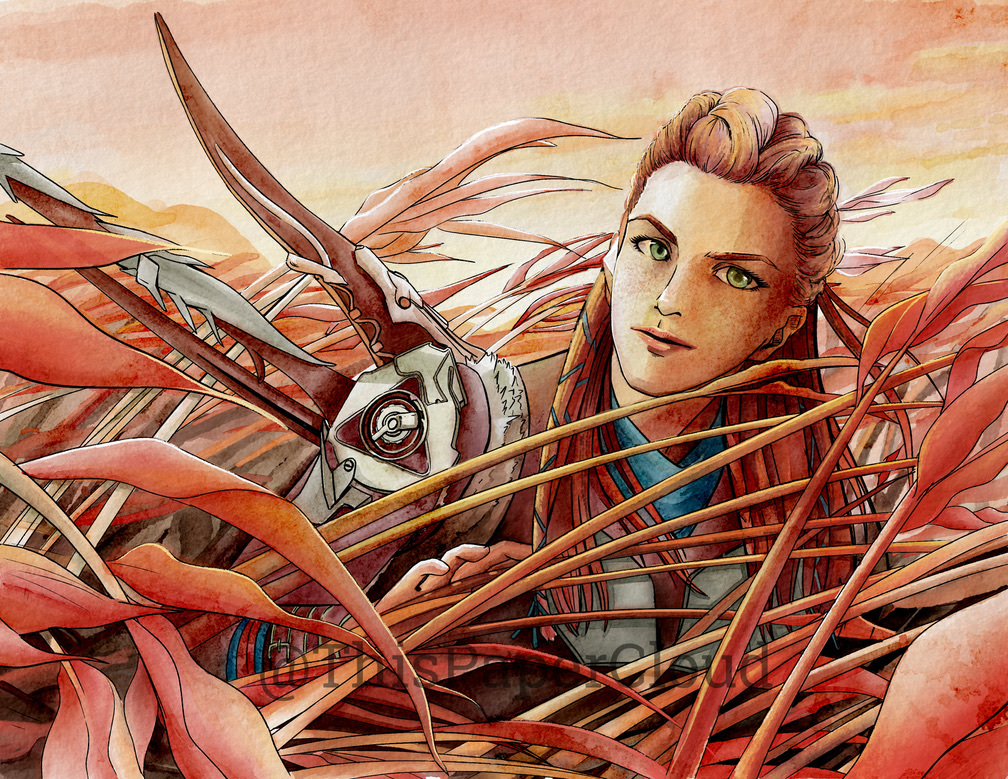 A red-haired woman hiding in red-leafed reeds. A portrait of the character Aloy from Horizon Forbidden West. 