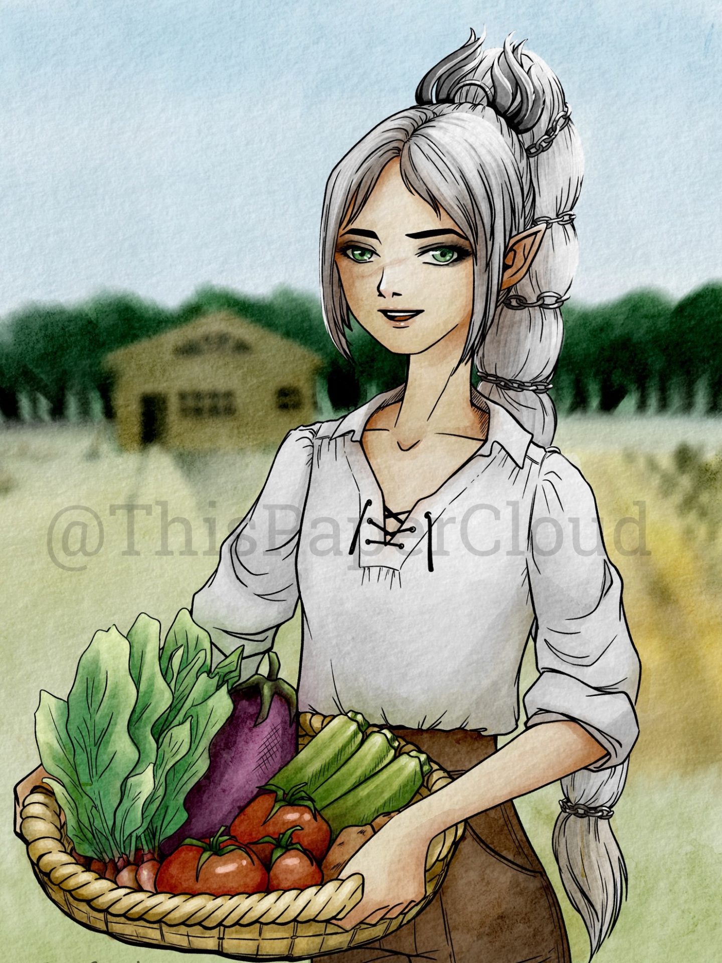 The Baldur's Gate 3 character Shadowheart in a "cottage core" attire holding a basket of vegetables.
