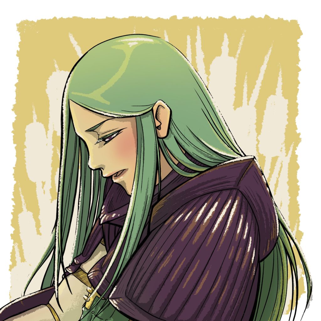 A side portrait of a sad girl with green hair in a comic style rendering. Drawn for a "draw this in your style" challenge.