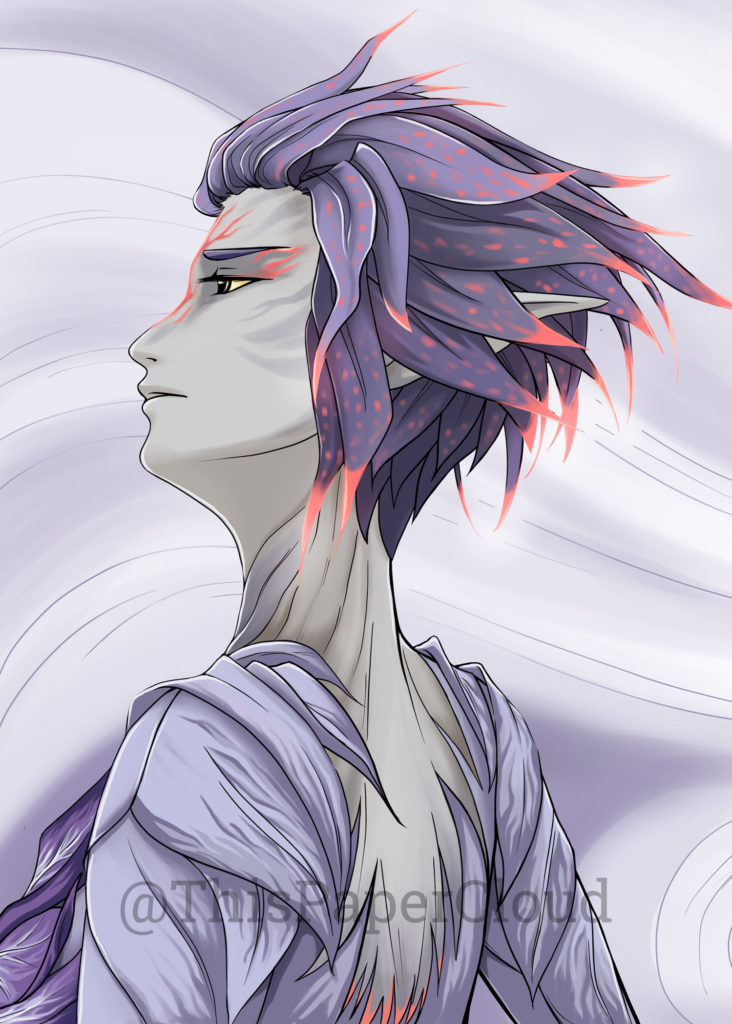A purple-toned sylvari original character side portrait from the game Guild Wars 2. 