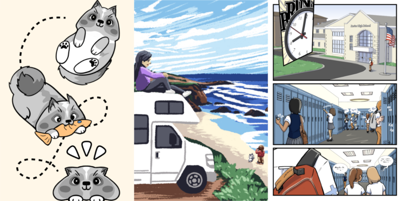 3 panels - left panel shows 3 cartoon Titans from Adventures with Titan in assorted cute posts. Middle panel is a painterly render of Theresa sitting on top of an RV overlooking a coastline while her partner and Titan stand on the beach. Left panel shows a test comic page from Angel Chronicles: Book of Sophiel, her next project.
