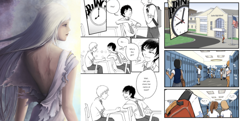 3 panels showcasing the original cover of White Angel, a black and white page from White Angel, and a newer colored page from Angel Chronicles.